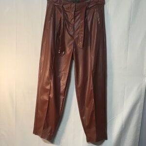 Brown Faux Leather Pants with Belt